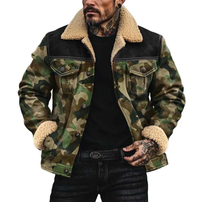 Men's Fleece Lapel Camouflage Suede Single Breasted Jacket 41809323Z sold by Manly