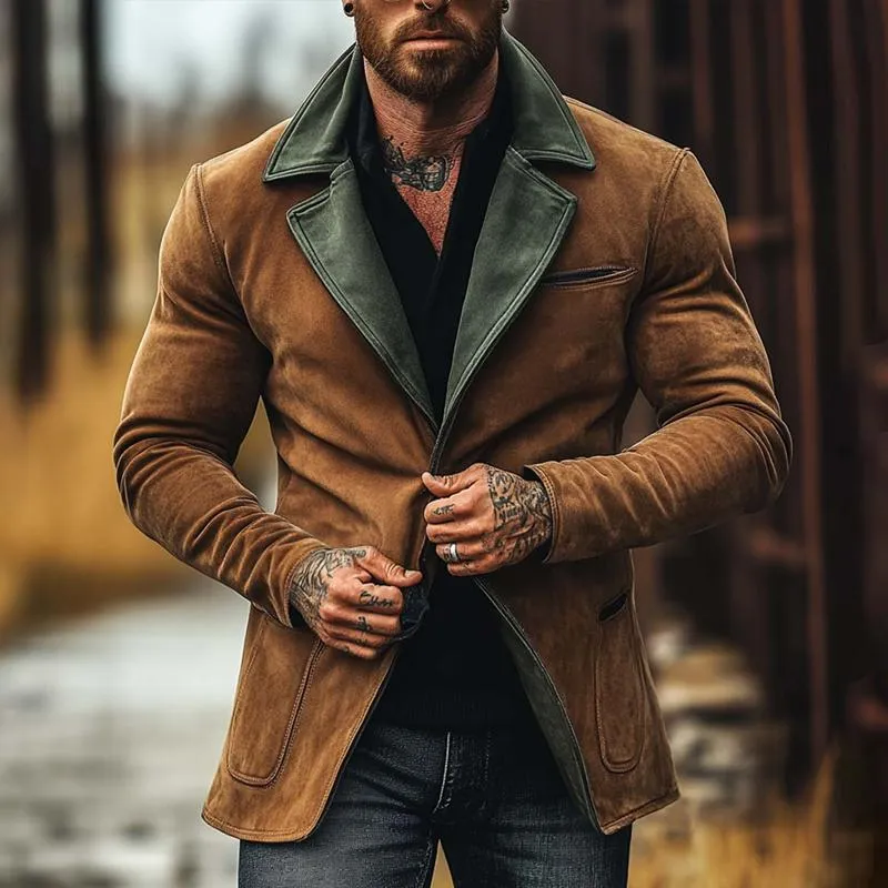 Men's Colorblock Suede Notch Lapel Multi-pocket Single Breasted Blazer Jacket 63548033Z sold by Manly product image thumbnail 2