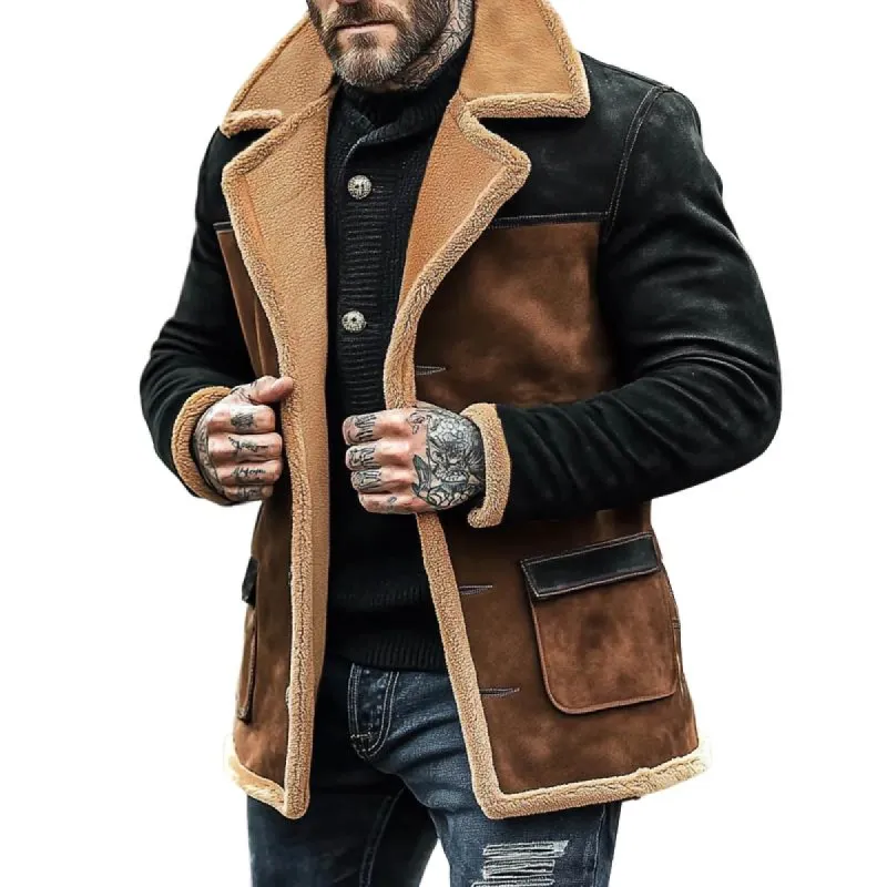 Men's Fleece Colorblock Suede Lapel Suede Single Breasted Multi-pocket Coat 63290975Z sold by Manly