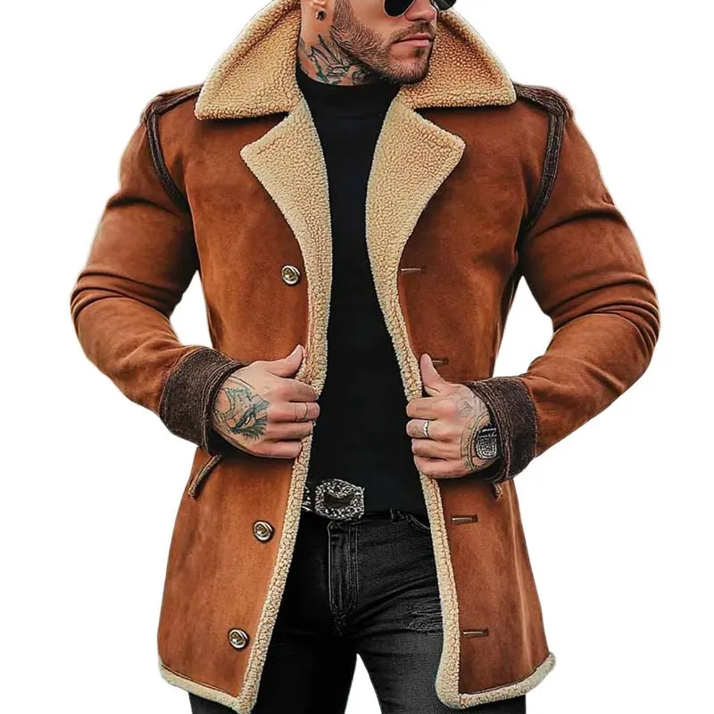 Men's Fleece Suede Lapel Suede Single Breasted Multi-pocket Coat 58985405Z sold by Manly