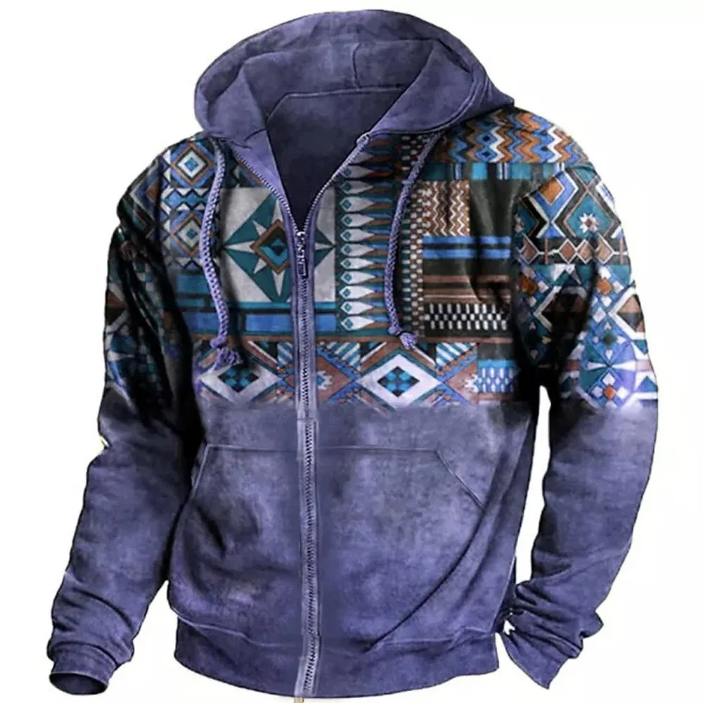 Men's Retro Casual Ethnic Style Geometric Print Zipper Hoodie 60305028TO sold by Manly product image thumbnail 3
