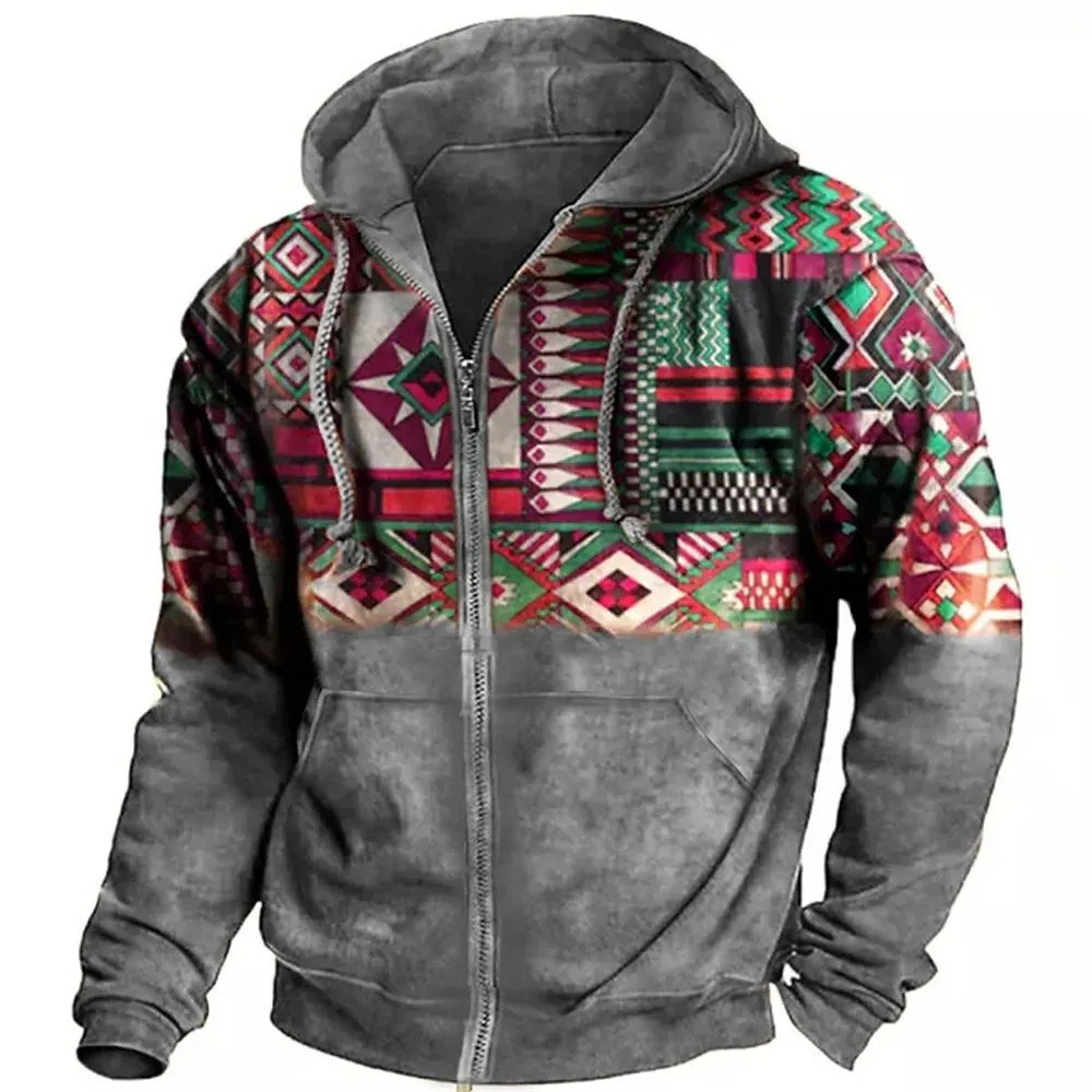 Men's Retro Casual Ethnic Style Geometric Print Zipper Hoodie 60305028TO sold by Manly product image thumbnail 2