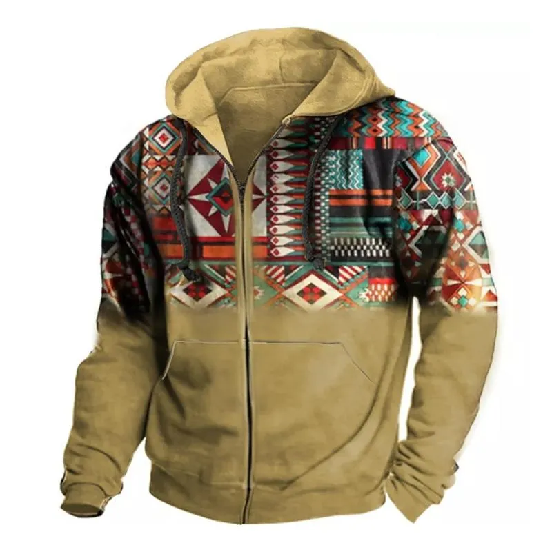 Men's Retro Casual Ethnic Style Geometric Print Zipper Hoodie 60305028TO sold by Manly