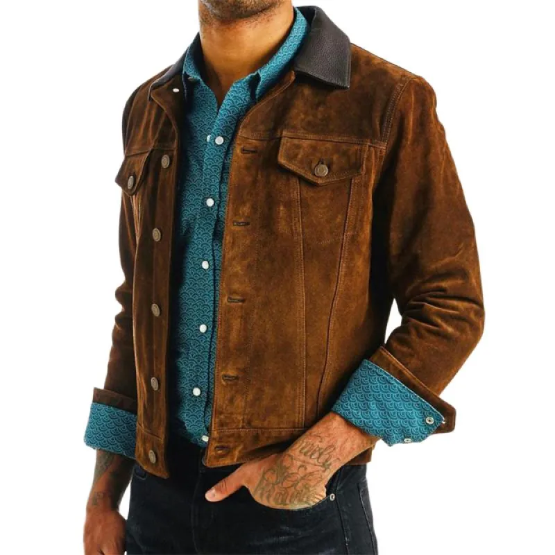 Men's Vintage Khaki Leather Collar Patchwork Jacket 64742100U sold by Manly