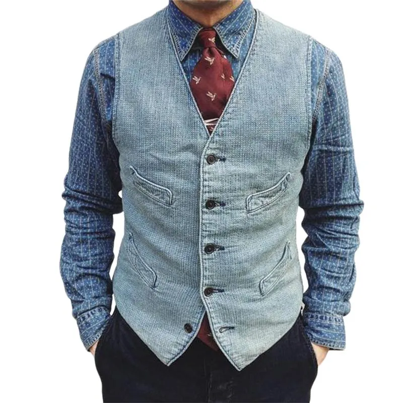 Men's V-neck Single-breasted Denim Vest 97839058U sold by Manly