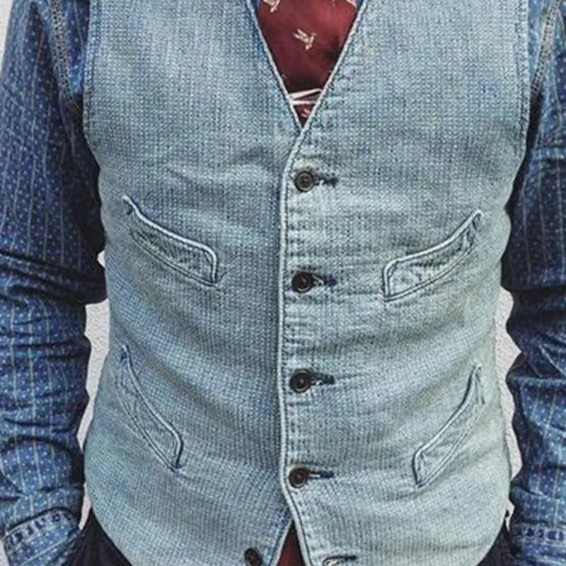 Men's V-neck Single-breasted Denim Vest 97839058U sold by Manly product image thumbnail 3