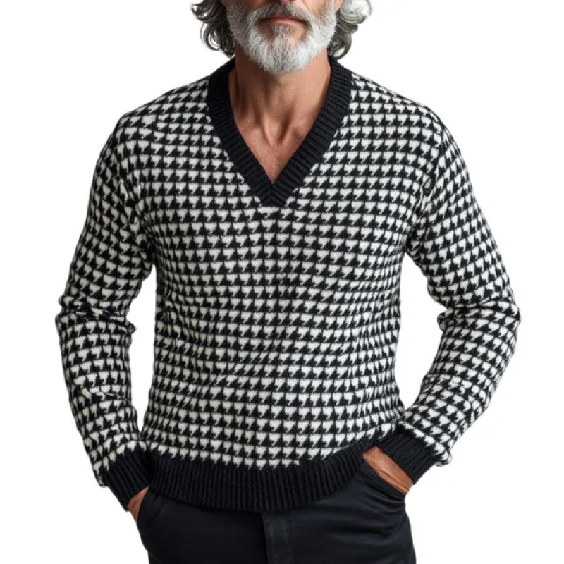 Men's Vintage Houndstooth Jacquard V Neck Sweater 36946205Y made by Manly