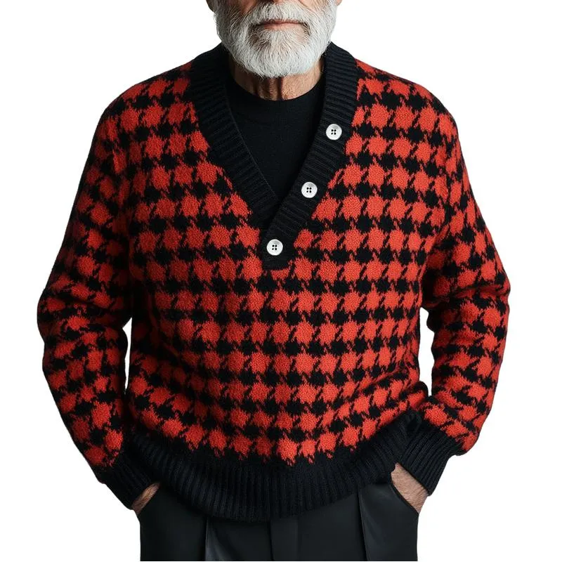 Men's Vintage Houndstooth Buttons V Neck Sweater 60070376Y sold by Manly