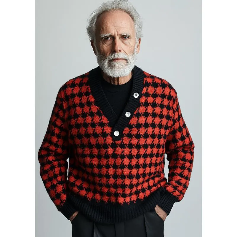 Men's Vintage Houndstooth Buttons V Neck Sweater 60070376Y sold by Manly product image thumbnail 3