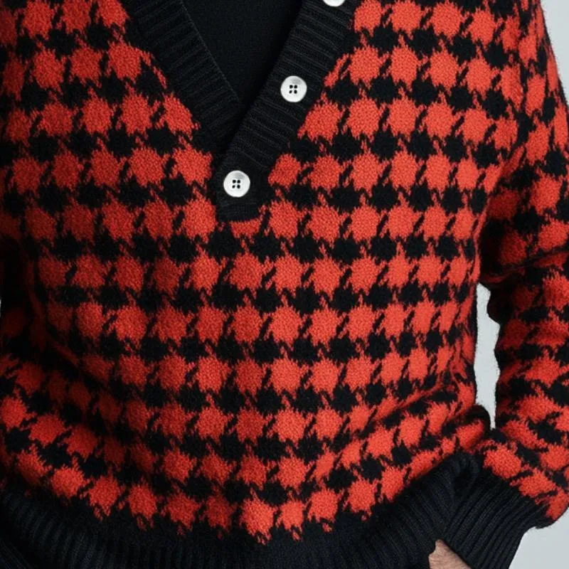 Men's Vintage Houndstooth Buttons V Neck Sweater 60070376Y sold by Manly product image thumbnail 2