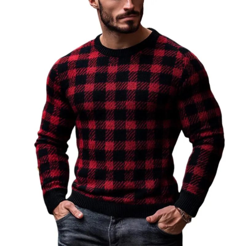 Men's Christmas Red and Black Check Crew Neck Slim Fit Sweater 61536745Y sold by Manly