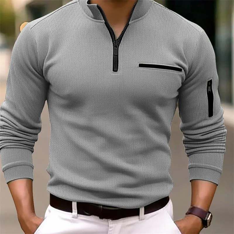 Men's Casual Striped Zipper Stand Collar Long Sleeve Polo Shirt 91939553Y sold by Manly product image thumbnail 2