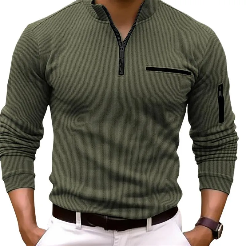 Men's Casual Striped Zipper Stand Collar Long Sleeve Polo Shirt 91939553Y sold by Manly