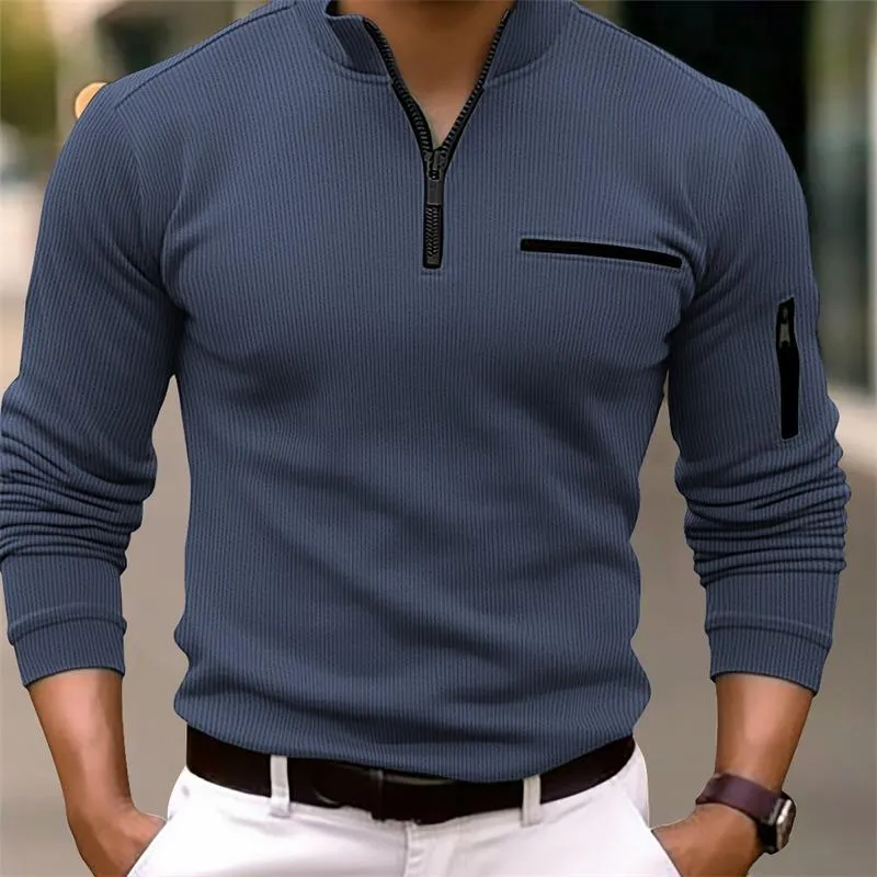Men's Casual Striped Zipper Stand Collar Long Sleeve Polo Shirt 91939553Y sold by Manly product image thumbnail 4