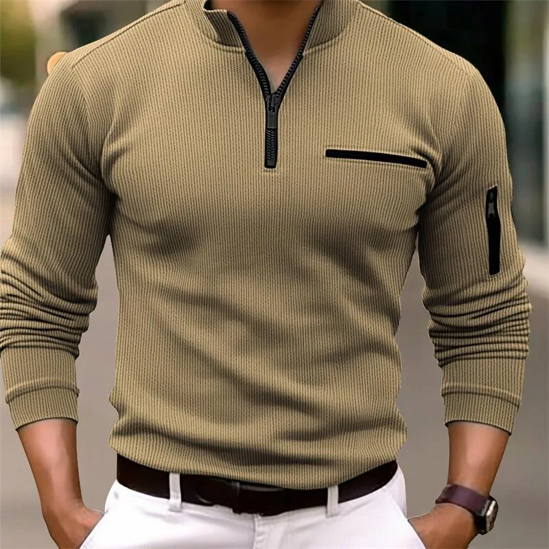 Men's Casual Striped Zipper Stand Collar Long Sleeve Polo Shirt 91939553Y sold by Manly product image thumbnail 3