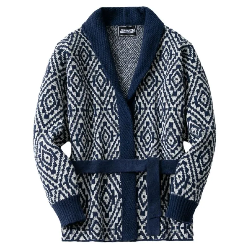 Men's Vintage Diamond Jacquard Midi Belt Knitted Cardigan 65226500Y sold by Manly