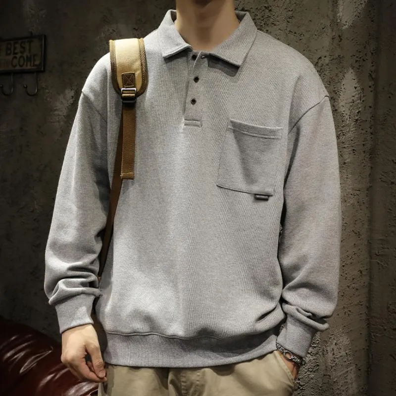 Men's Retro Casual Solid Color Polo Lapel Pocket Sweatshirt 78523068TO sold by Manly product image thumbnail 2
