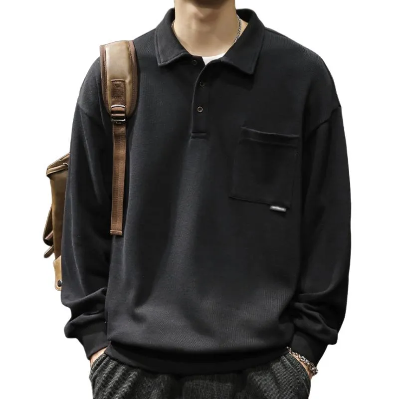 Men's Retro Casual Solid Color Polo Lapel Pocket Sweatshirt 78523068TO sold by Manly