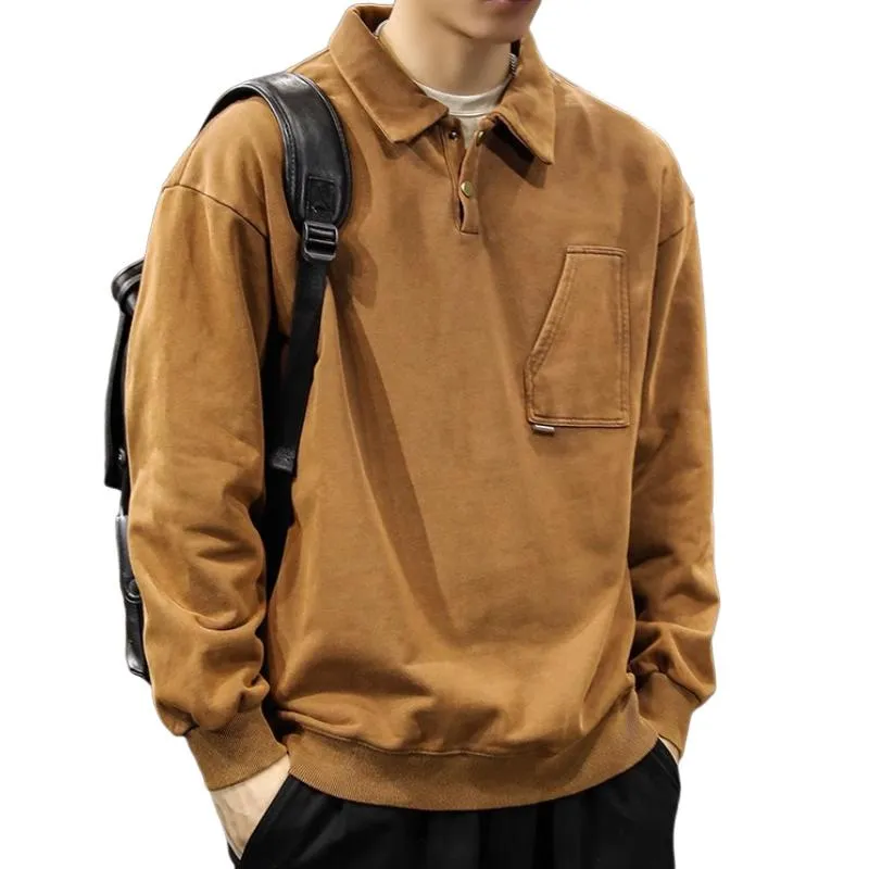 Men's Retro Casual Solid Color Polo Collar Pocket Sweatshirt 98832045TO sold by Manly