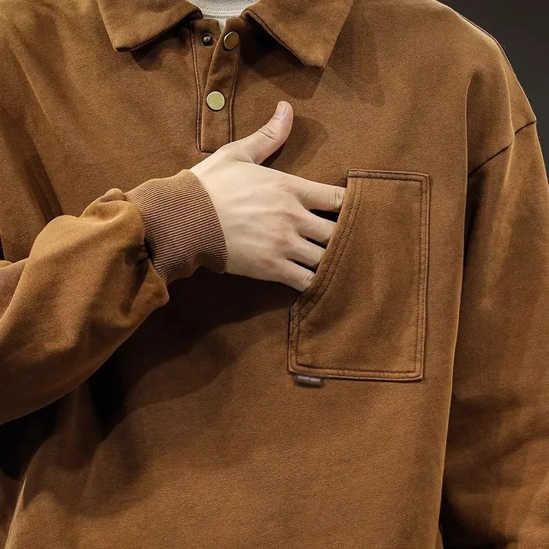 Men's Retro Casual Solid Color Polo Collar Pocket Sweatshirt 98832045TO sold by Manly product image thumbnail 2