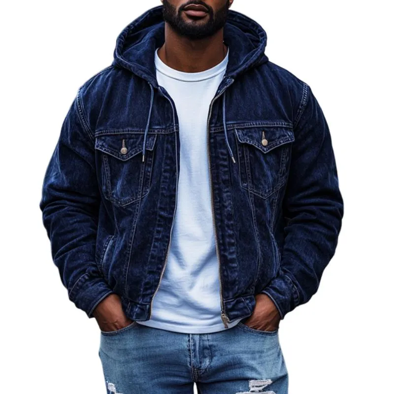 Men's Vintage Washed Distressed Hooded Multi-pocket Zipper Bomber Jacket 82336481M sold by Manly