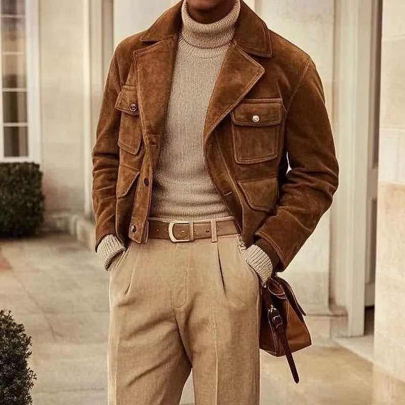 Men's Classic Casual Cropped Button Multi-Pocket Suede Jacket 59643597K sold by Manly product image thumbnail 2