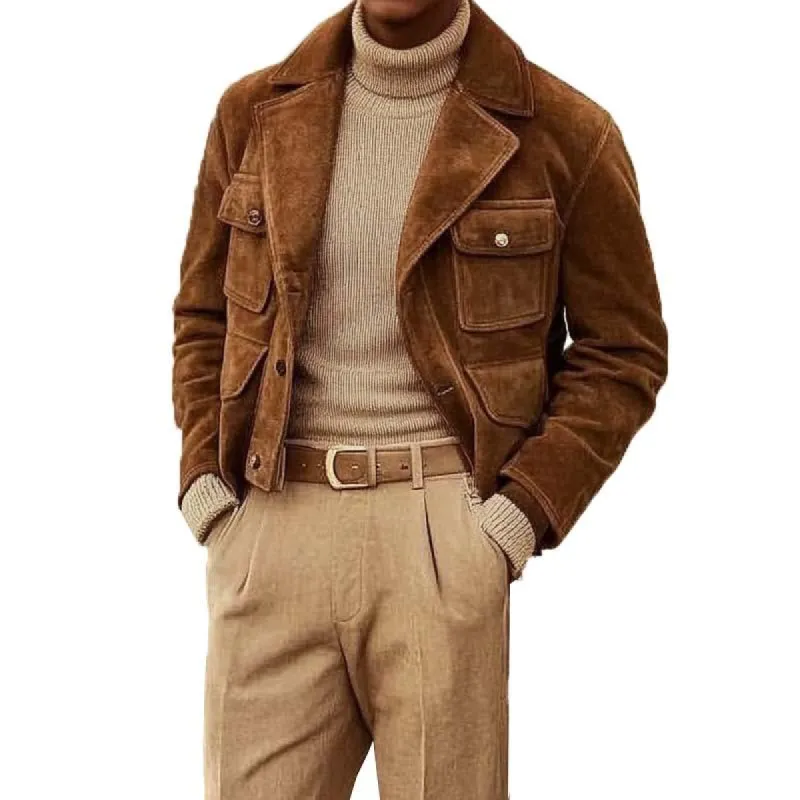 Men's Classic Casual Cropped Button Multi-Pocket Suede Jacket 59643597K sold by Manly