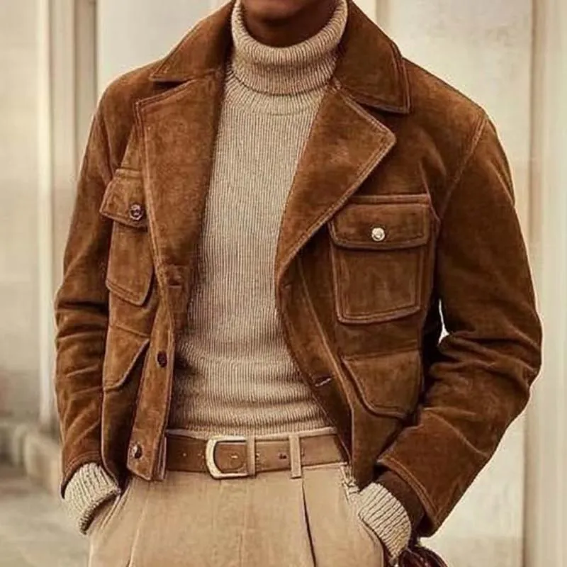 Men's Classic Casual Cropped Button Multi-Pocket Suede Jacket 59643597K sold by Manly product image thumbnail 3