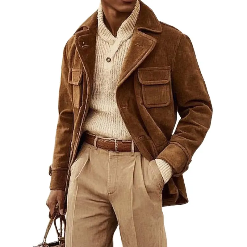 Men's Classic British Style Casual Button Multi-pocket Suede Jacket 49958790K sold by Manly