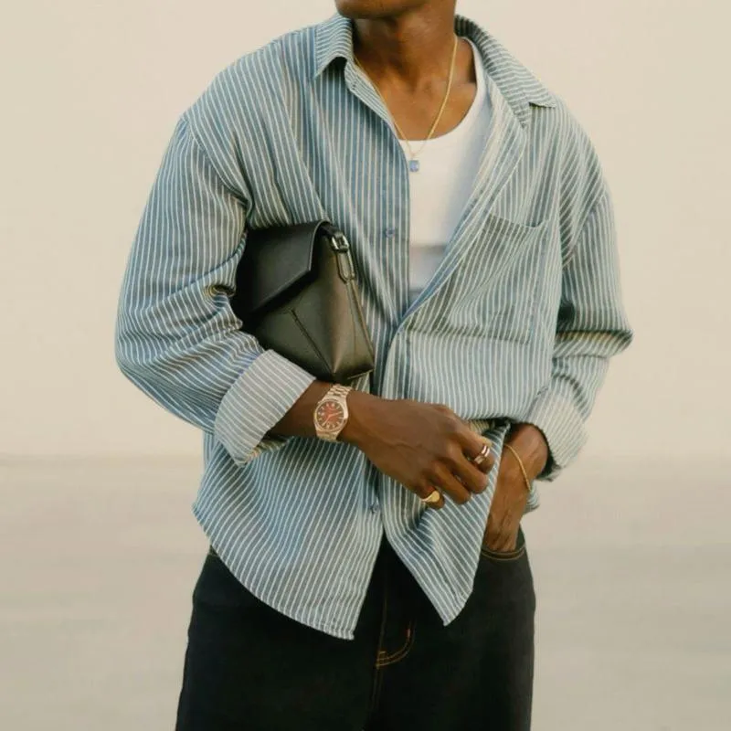 Men's Casual Cotton Blend Lapel Loose Striped Long Sleeve Shirt 07194016M sold by Manly product image thumbnail 2