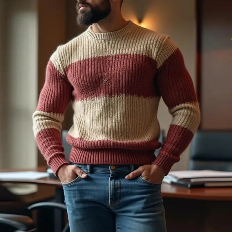 Men's Casual Contrast Color Round Neck Slim Fit Knitted Sweater 25531796M sold by Manly product image thumbnail 3