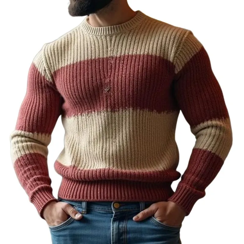 Men's Casual Contrast Color Round Neck Slim Fit Knitted Sweater 25531796M sold by Manly
