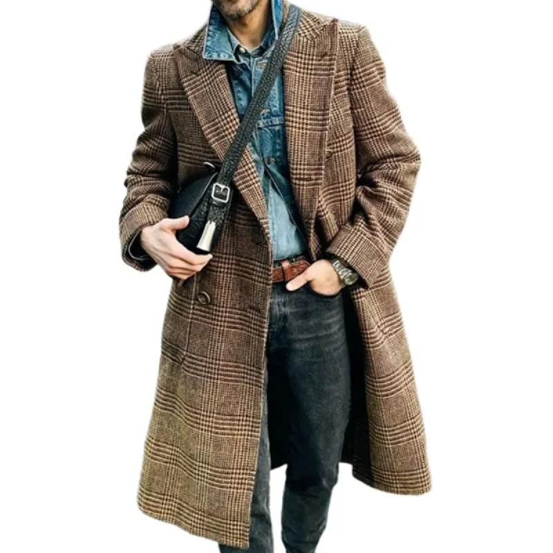 Men's Vintage Check Peak Lapel Single Breasted Knee-Length Coat 33778558M sold by Manly