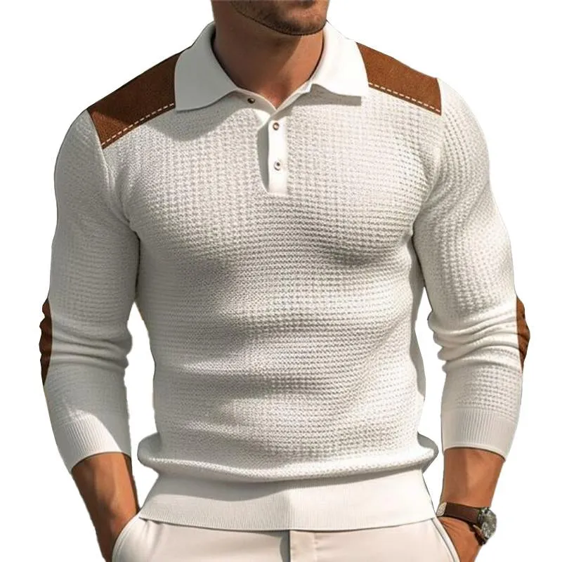 Men's Casual Lapel Suede Patchwork Slim Fit Long Sleeve Polo Shirt 37091964M sold by Manly