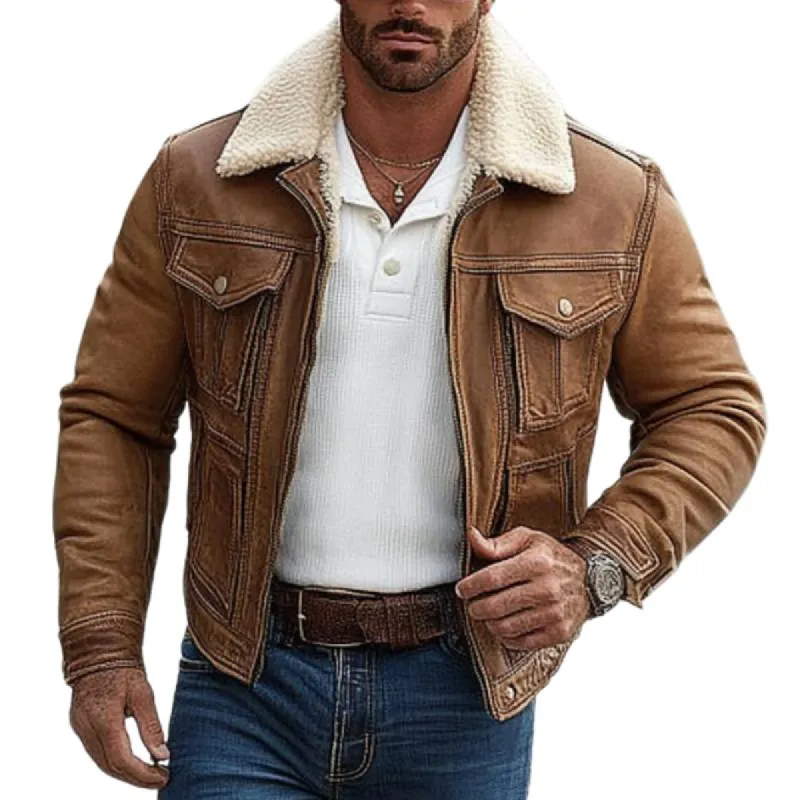 Men's Classic Vintage Casual Lambswool Collar Multi-Pocket Leather Jacket 36507496K sold by Manly