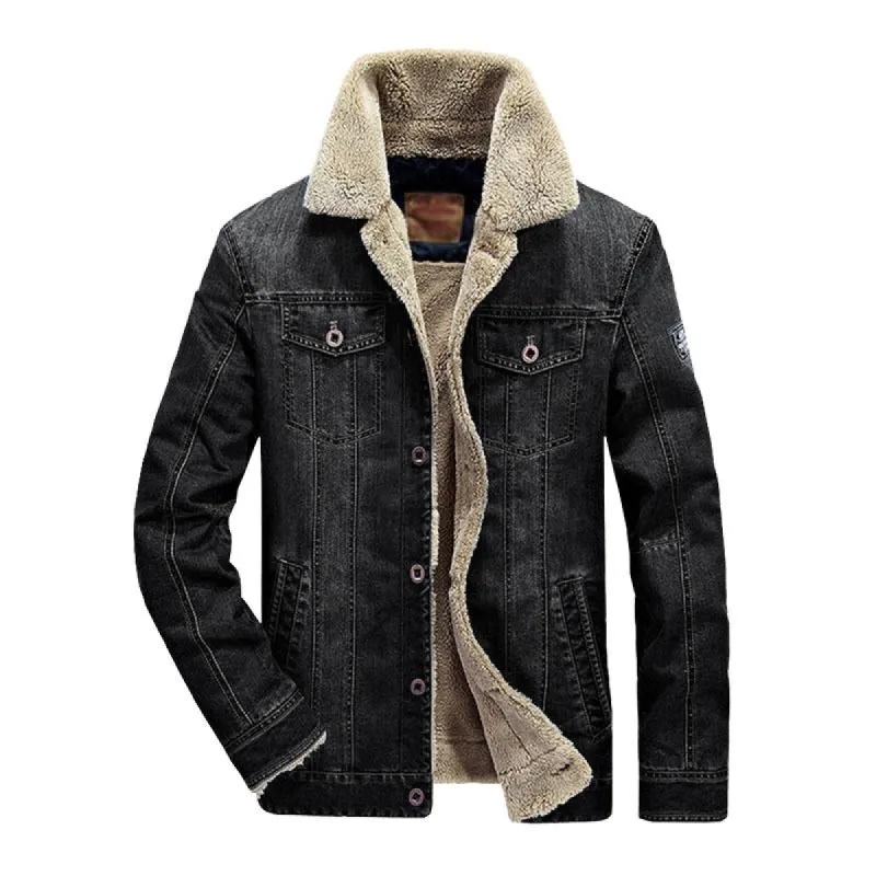 Men's Casual Lapel Slim Fit Fleece Warm Denim Jacket 87776412M sold by Manly