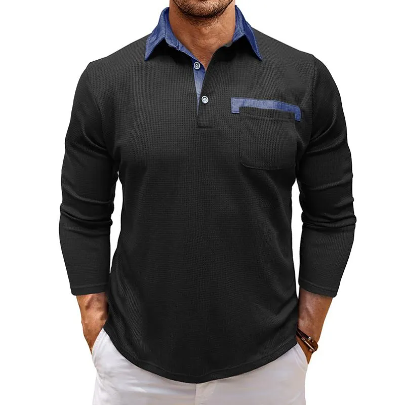 Men's Casual Colorblock Waffle Patch Pocket Slim Fit Long Sleeve Polo Shirt 93489989M sold by Manly product image thumbnail 3