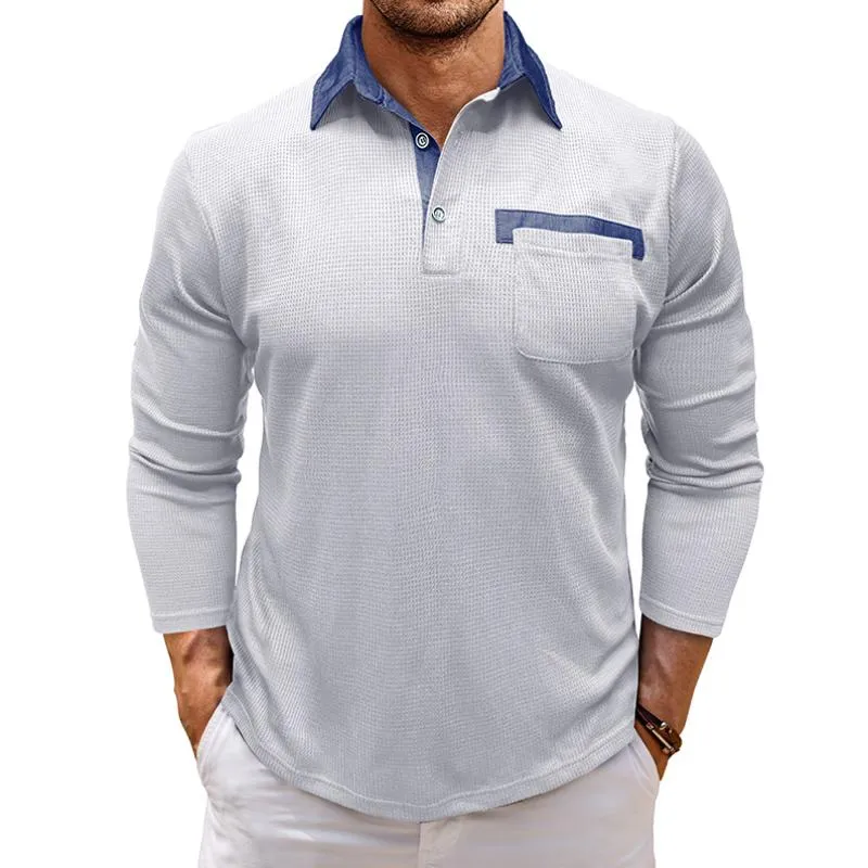 Men's Casual Colorblock Waffle Patch Pocket Slim Fit Long Sleeve Polo Shirt 93489989M sold by Manly product image thumbnail 4