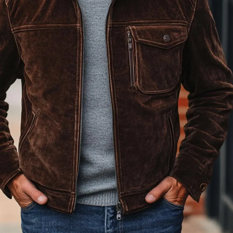 Men's Vintage Suede Stand Collar Zipper Chest Pocket Jacket 37668399Y sold by Manly product image thumbnail 2