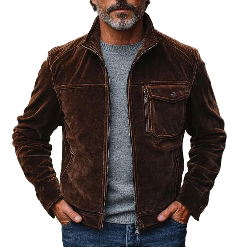 Men's Vintage Suede Stand Collar Zipper Chest Pocket Jacket 37668399Y sold by Manly