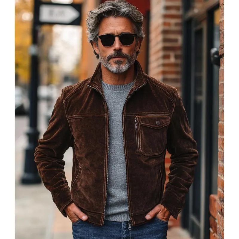 Men's Vintage Suede Stand Collar Zipper Chest Pocket Jacket 37668399Y sold by Manly product image thumbnail 3