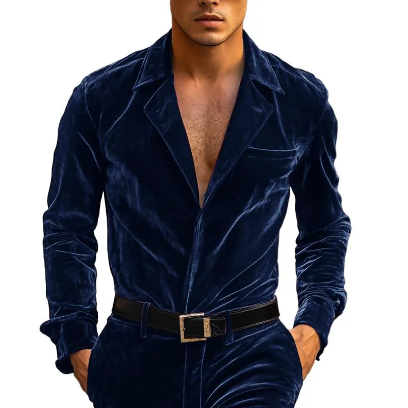 Men's Vintage Velvet Lapel V-Neck Chest Pocket Long Sleeve Shirt 47420898Y sold by Manly