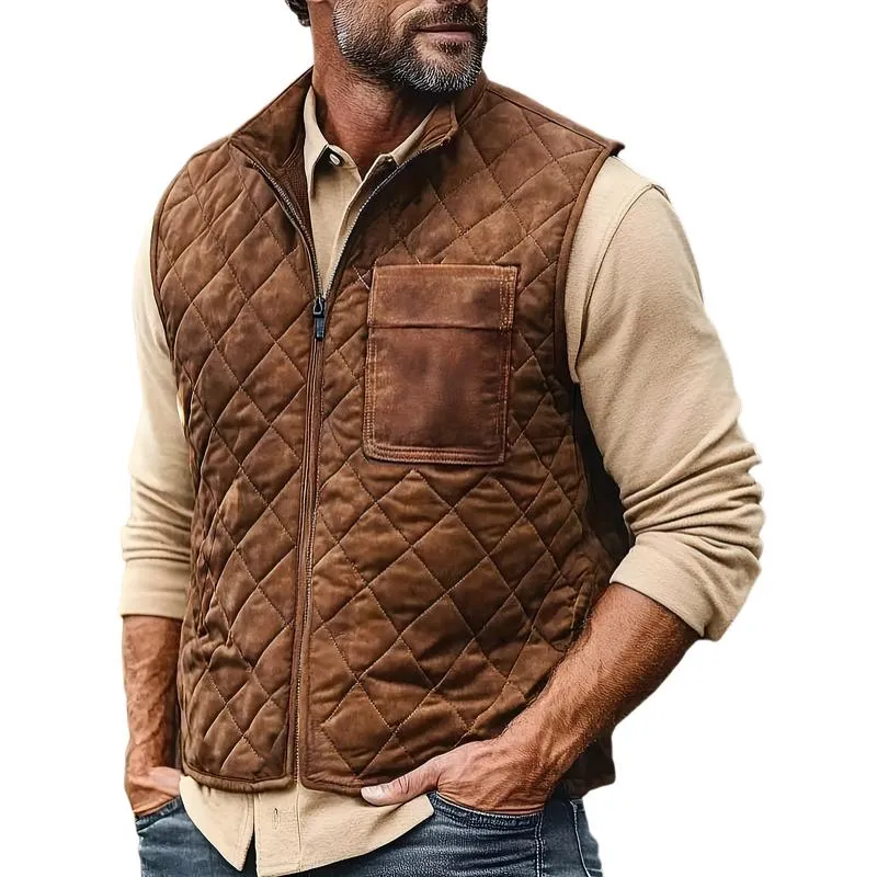 Men's Vintage Quilted Suede Lapel Zipper Vest 19868126Y sold by Manly