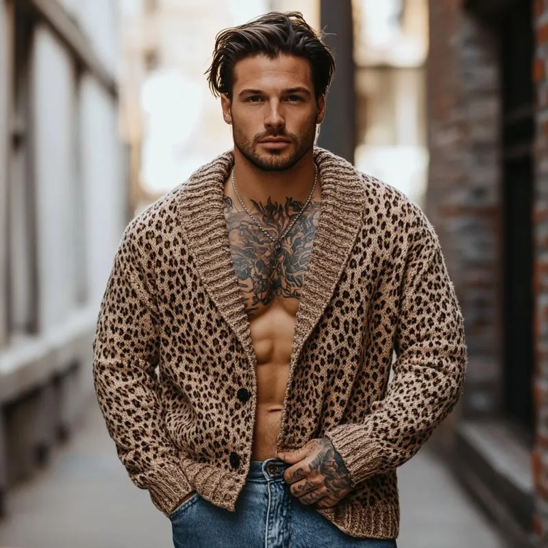 Men's Fashion Shawl Collar Leopard Jacquard Knitted Cardigan 32866599M sold by Manly product image thumbnail 3