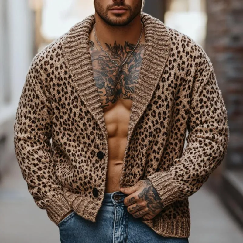 Men's Fashion Shawl Collar Leopard Jacquard Knitted Cardigan 32866599M sold by Manly product image thumbnail 2