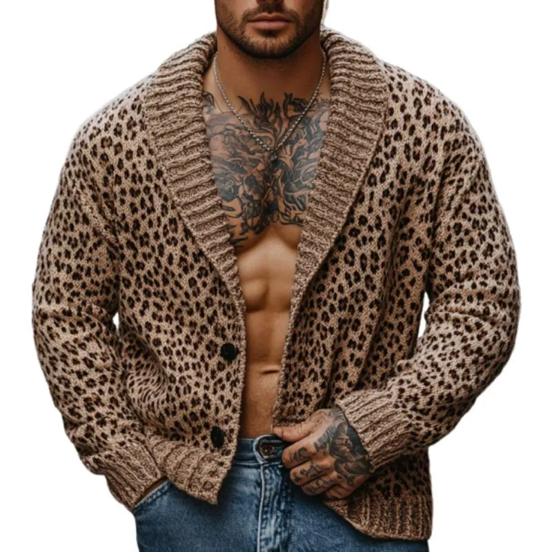 Men's Fashion Shawl Collar Leopard Jacquard Knitted Cardigan 32866599M sold by Manly