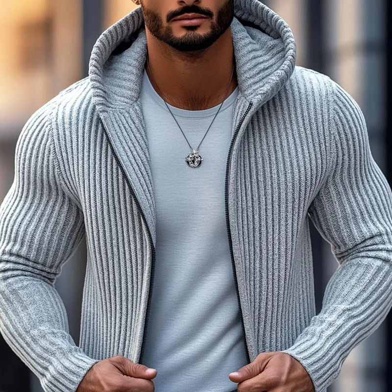 Men's Fashion Hooded Solid Striped Long Sleeve Mid-length Knit Cardigan 36050893Z sold by Manly product image thumbnail 3