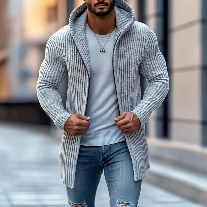 Men's Fashion Hooded Solid Striped Long Sleeve Mid-length Knit Cardigan 36050893Z sold by Manly product image thumbnail 2