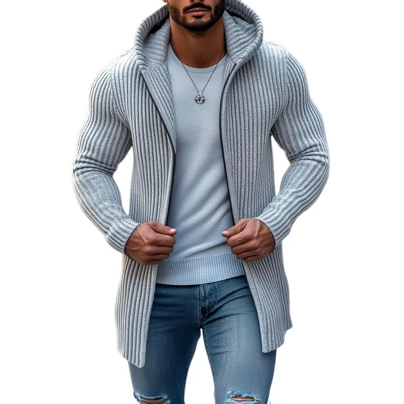 Men's Fashion Hooded Solid Striped Long Sleeve Mid-length Knit Cardigan 36050893Z sold by Manly