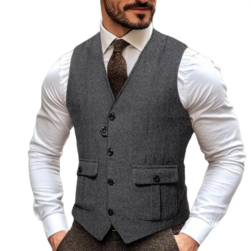 Men's Vintage Herringbone Pocket V-Neck Single Breasted Suit Vest 22210914Y sold by Manly